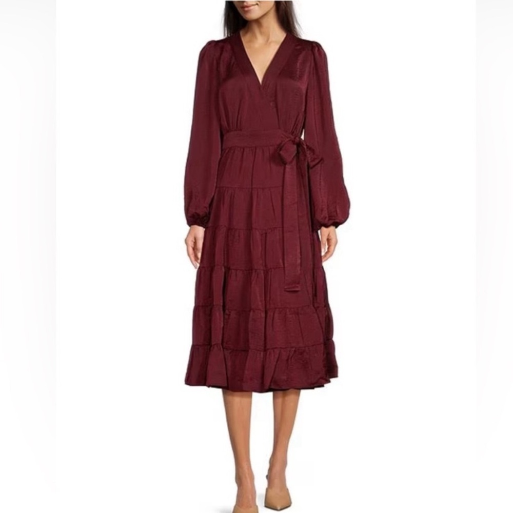 NWT Gibson Latimer Berry Long Sleeve Wrap Tiered Maxi Dress Size: Medium - Picture 3 of 9